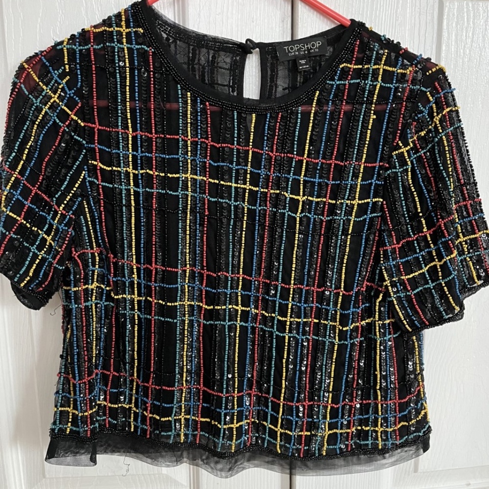 Topshop Beaded & Sequin Gingham Pattern Top - image 1